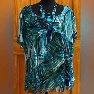 Sara Michelle Teal and Blue Abstract Blouse Size 2X